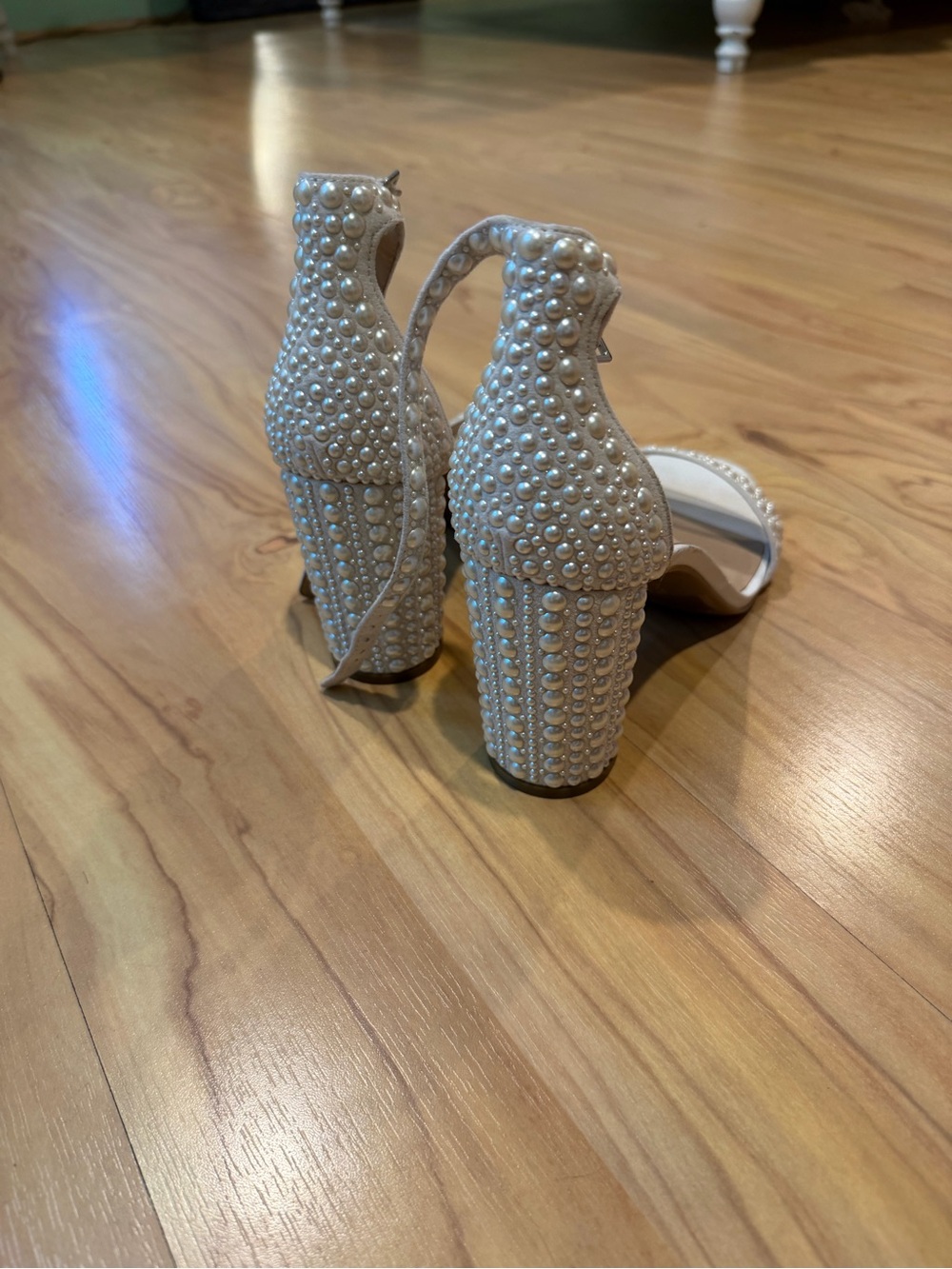 INC International Concepts Cream Pearl-Embellished Block Heel Sandals - Picture 3 of 3
